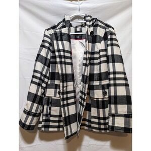 a.n.a Plaid Wool Blend Hooded Pea Coat Jacket Black White 1X